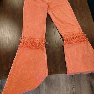 Women's Coral Flare Pants with Lace Detail